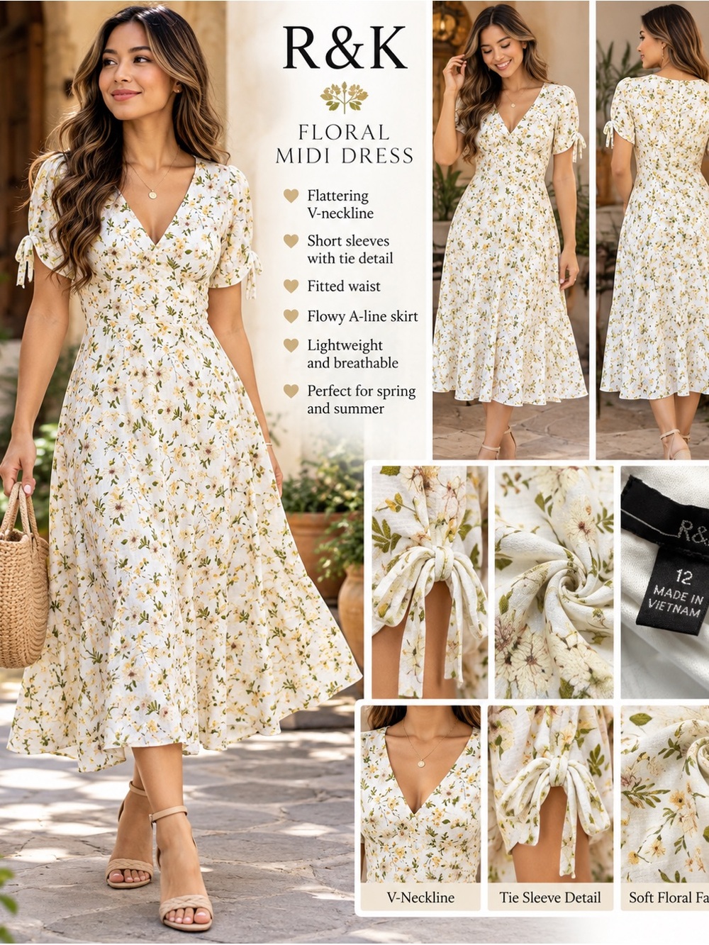 R&K Size 12 White Floral V-Neck Midi Dress Tie Sleeve Cottagecore